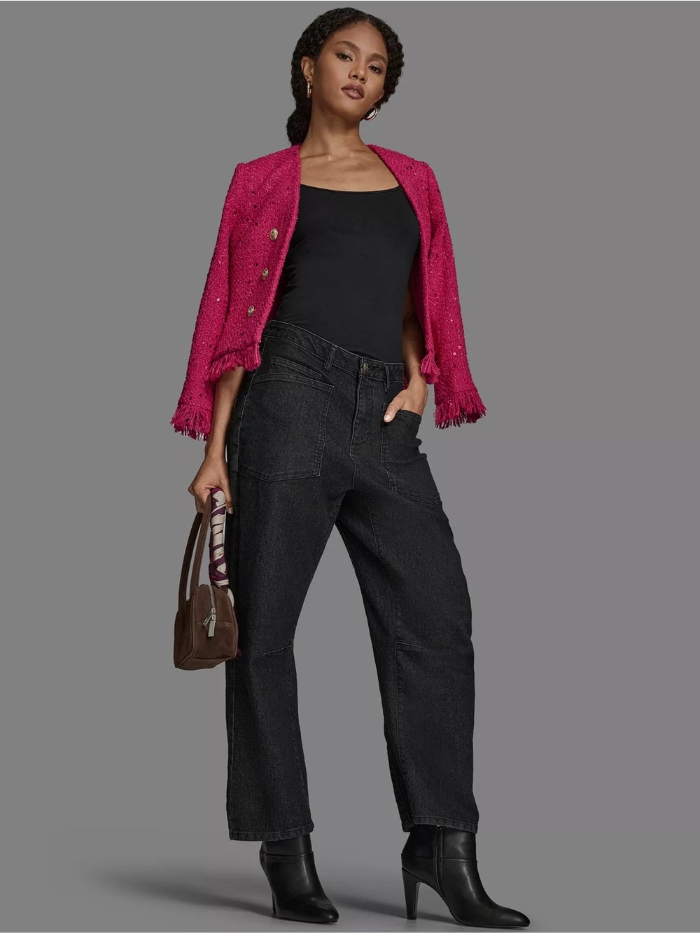 BCBG NWT 12 10 V-Neck Fringe Sequin Tweed Jacket • Hot Pink Fuchsia Open Front M